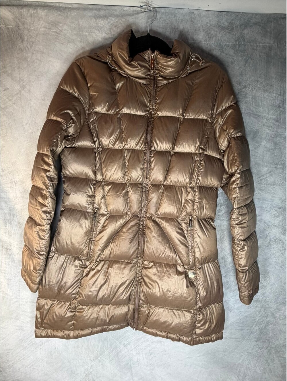 Calvin Klein Women's Large Metallic Champagne Premium Down Hooded Puffer Coat L